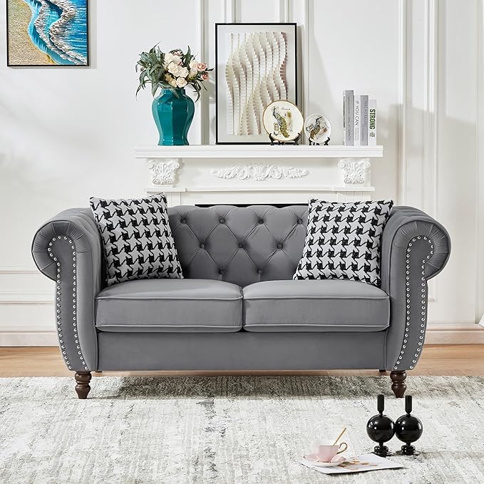 Comfortable Straight-Row Sofa with 2 Pillows,67" Refined Velvet 2 Seat Sofa with Roll Armrest & Nailhead,Sturdy Structure Upholstered Loveseat Couch for Apartment,Office,Reception Area,Grey