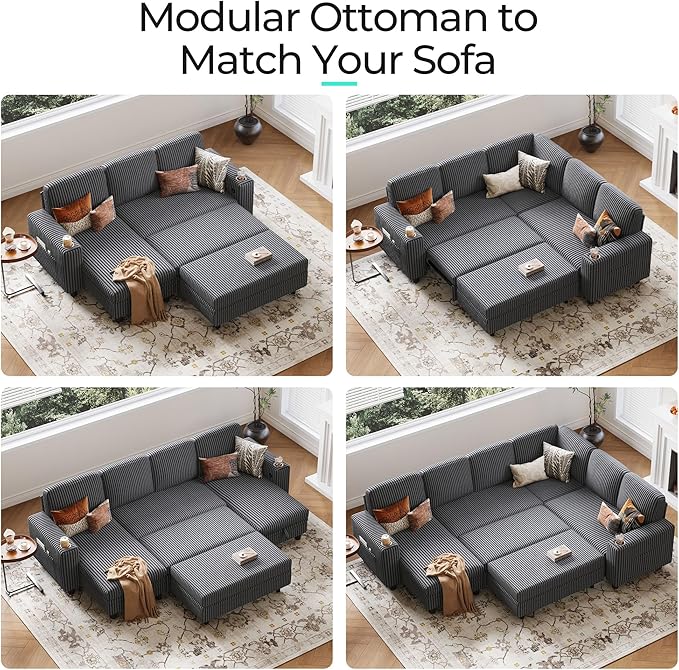 LINSY HOME Sectional Sleeper Sofa - Modular Ottoman Module (Grey, Sleeper Sofa Ottoman) | Storage, Convertible, Coffee Table, Plush Corduroy