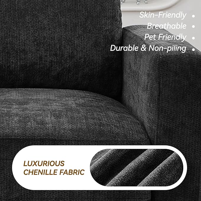 44.2" Chenille Oversized Chair with Movable Ottoman, Modular 1 Seat Couch with Thickened Cushions, Modern Single Sofa Chaise Lounge Reading Chair for Living Room, Small Apartment, Black
