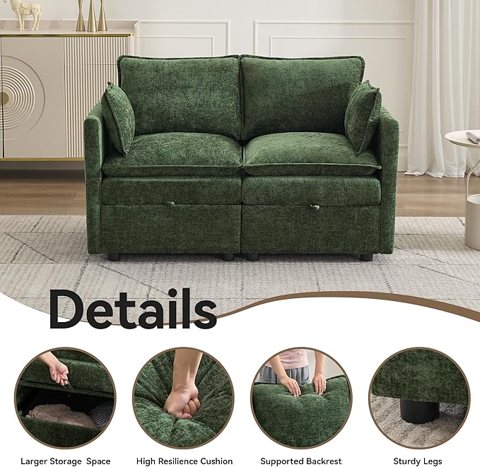 55" Cloud Modular Loveseat Sofa with Storage, Modern Upholstered Sofa Couch Small Love Seat，2 Seater Chenille Comfy Sectional Sofa with Armrests for Living Room, Small Space, Green