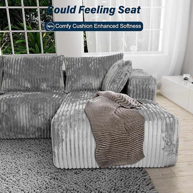 3 Seater L Shaped Sofa with Deep Seat, 101" Cloud Sectional Couch with Chaise, Cozy Modular Couches Sleeper, Oversized Corduroy Sofa for Living Room Bedroom Apartment, Pale Gray