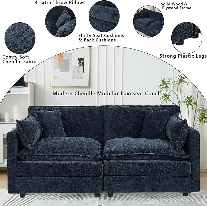 Setawix Chenille Loveseat Sofa Couch with Deep Seat,Large 2 Seater Cloud Couches for Living Room,77.16" Roomy Cloud Sofas,Modular Sectional 2 Seat Sofa with Pillows for Bedroom. (Blue, 2 Seater)