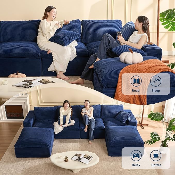 137.8” Sectional Couches for Living Room, Set of Cloud Couch, Modular Sectional Sofa, Convertible Sofas Bed, Deep Seat Sofa, U Shaped Cozy Sofa Furniture Set, Corduroy,Blue