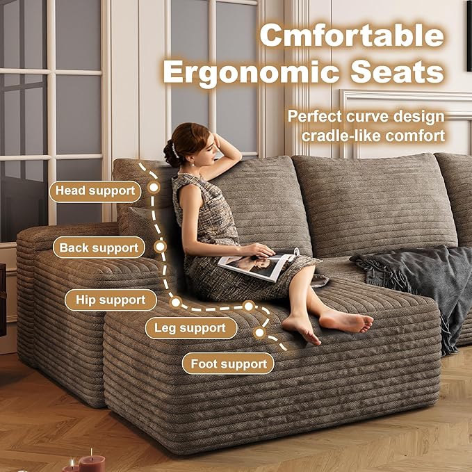 136" Sectional Couches for Living Room Cloud Couch Sofa with L-Shape Upholstered Boneless Couchs Modern Modular Sectional Couch with Chaise (Camel, 136" Left Facing Chaise+3Seaters)