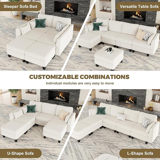 Modular Sectional Sofa, 6 Seaters Modular Sleeper Sofa Couch, Comfy Sectionals Couches Bed, Convertible Sofas with Ottomans, Sectional Couches for Living Room, Beige