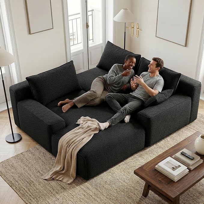 97”Modular Sectional Sofa, Cloud Sectional Couch with Deep Seat, Modern Modular L-Shape Sofa Couch, Upholstered Boneless Couches for Living Room Bedroom (Black Check, Left Facing Chaise)