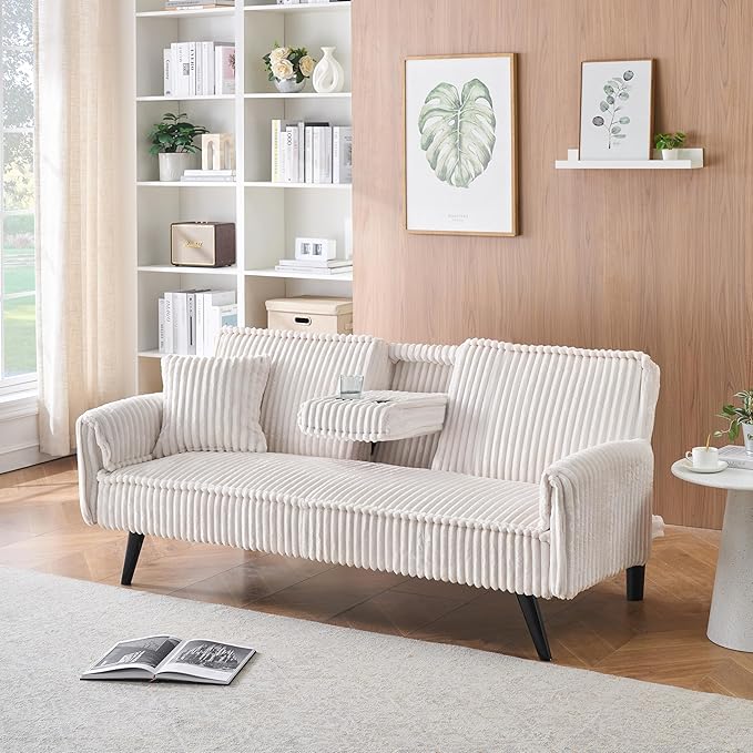 72" Convertible Sofa Bed with Foldable Cup Holder,Straight-line Corduroy Sofa,Suitable for Living Room,Bedroom,White
