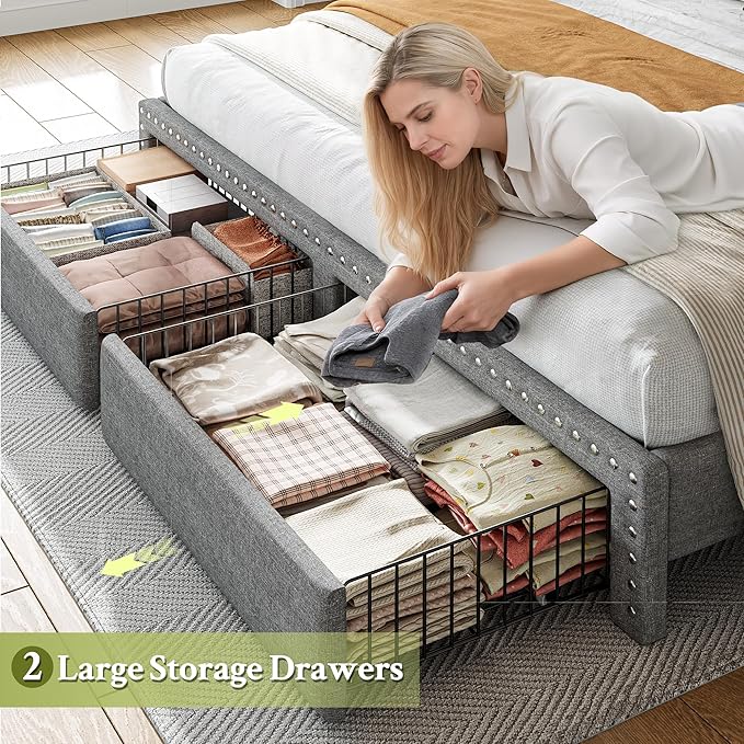 EnHomee King Size Bed Frame with 2 Metal Storage Drawers, Vertical Tufted Upholstered King Platform Bed with Headboard Shelf, 1000lbs Heavy Duty, No Box Spring Needed,Easy Assembly,Grey