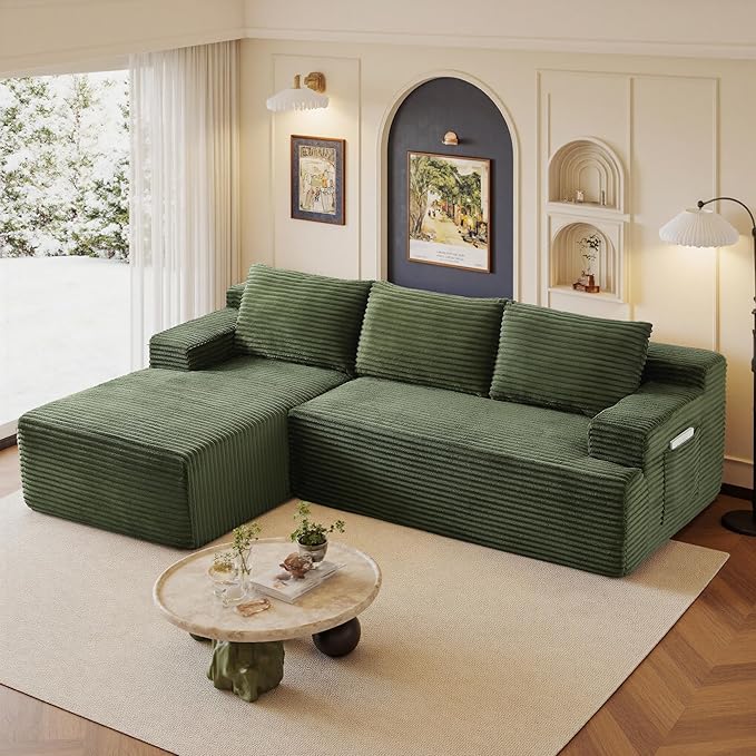 96" Sectional Couches for Living Room Cloud Couch Sofa with L-Shape Upholstered Boneless Couchs Modern Modular Sectional Couch with Chaise (Green, 96" W+Left Facing Chaise+2Seaters)