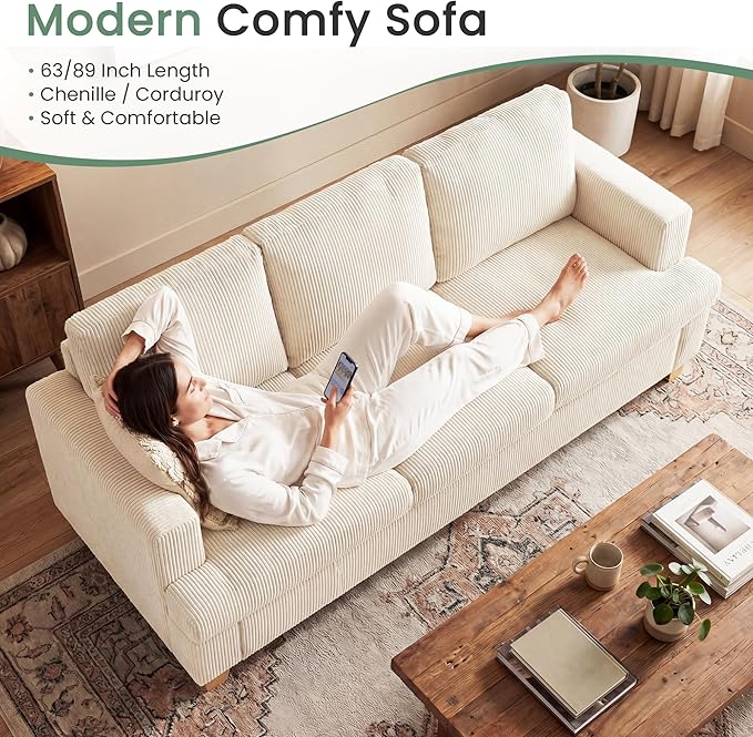 YOUDENOVA 89" White Corduroy Sofa for Living Room, 3 Seater Cloud Couch, Deep Seat Floor Couch for Bedroom, Futon Modern Sofa Bed, White Corduroy