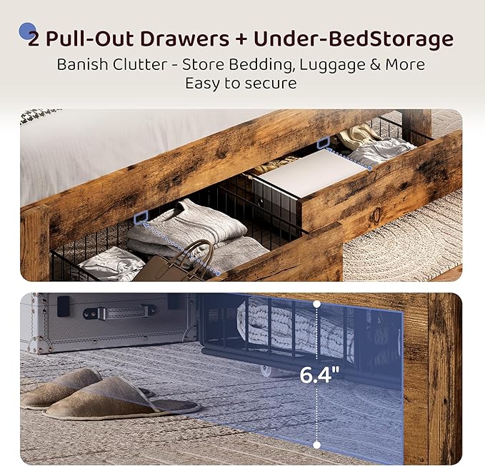 BRELTAM Queen Bed Frame with 2 Storage Drawers and 2-Tier Headboard,Upholstered Wooden Platform Bed with Charging Station, LED Lights,Noise-Free/Metal Support/No Box Spring Needed,Vintage Brown