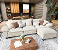 L Shaped Modular Cloud Couch, 123.6'' Comfy Corduroy Sectional Sofa with Wider Armrest and Ottoman, Upholstered 4-Seat Modern Deep Seat for Bedroom Living Room, Beige