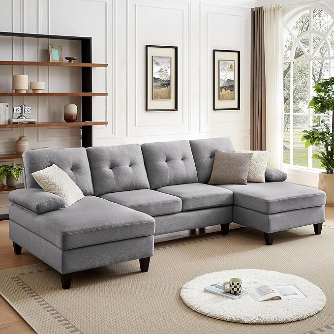 111" Sectional Couch for Living Room, Modern Polyester Fibre U Shaped Sofa Couches with Double Chaise, Upholstered 4 Seater Sofa for Living Room, Apartment, Office, Light Grey