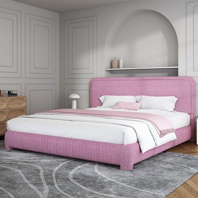BarnFurin King Size Boucle Bed Frame and Headboard, Cloud Upholstered Platform Bed Frame, Soft Rounded Corners, No Box Spring Required, Non-Slip and Noise-Free, Easy Assembly, Rose Pink