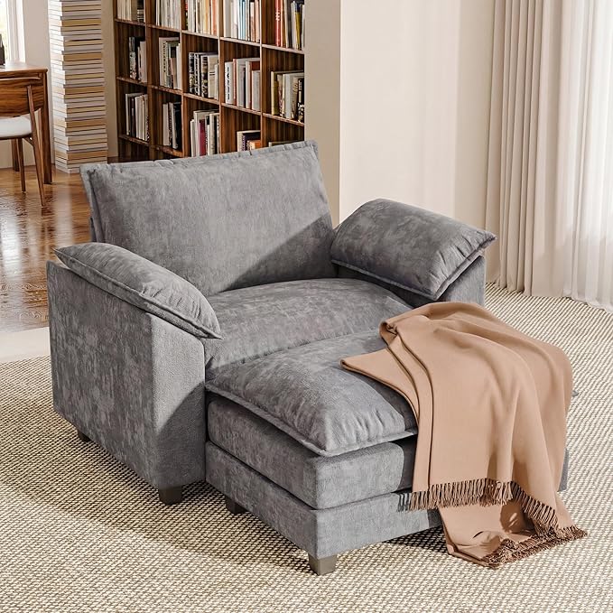 Single Chaise Lounge with 30'' Deep Seat & Movable Ottoman, Reading Chair with Wide Armrest, Chenille Cloud Couch Double Layer Cushion for Living Room, Office, Bedroom (Light Grey, Single Sofa Chair)