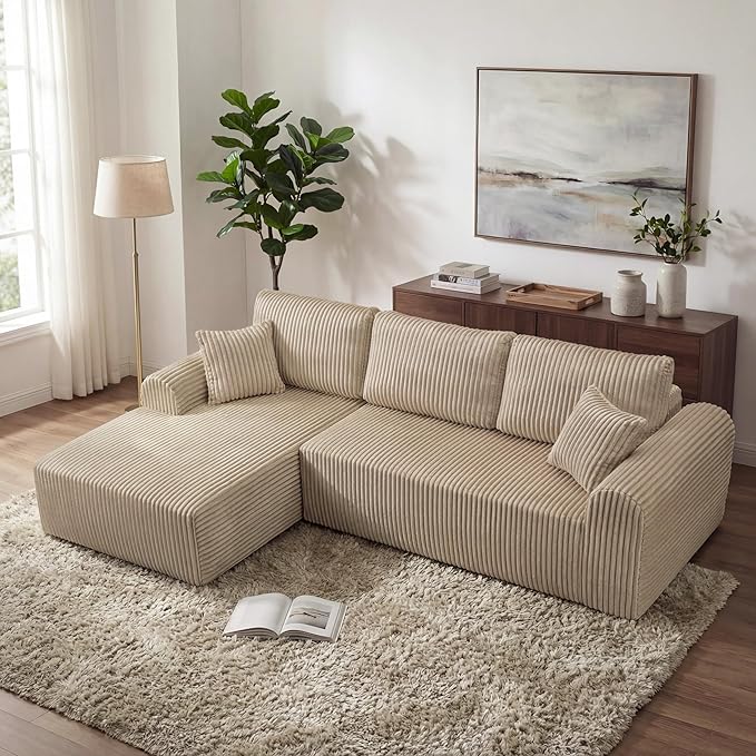 109“L-Shaped Sectional Sofa Boneless Couch Upholstery Cloud Modular Couch with Chaise No Assembly Required Corduroy Fabric Combination Deep Seat Living Room Bedroom(Camel, Left Hand Facing)
