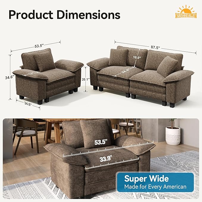 87.5'' Oversized Loveseat Couch and Chair Set, 3-Seat Chenille Modern Modular Cloud Sofa with Pillow, 2 Piece Living Room Deep Sectional Sofa Furniture Set for Apartment, Taupe