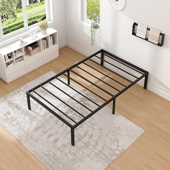 Metal Bed Frame,Twin Size Bed Frame with Storage Space,Heavy Duty Sturdy Mattress Foundation,Easy Assembly,No Box Spring Needed, Black,12 Inch,Twin
