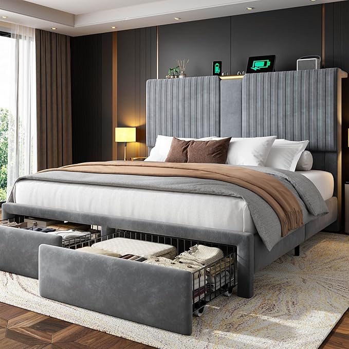 Homkdom Queen Bed Frame with Velvet Storage Headboard, 2 Large Drawers & 3 Charging Ports, 51.3" Tall Platform Bed Frame Queen Size, Sturdy Wood Slats, No Box Spring Needed, Grey