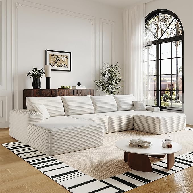 136" Sectional Couches for Living Room Cloud Couch Sofa with L-Shape Upholstered Boneless Couchs Modern Modular Sectional Couch with Chaise (White, 136" Left Facing Chaise+3Seaters+Ottoman)