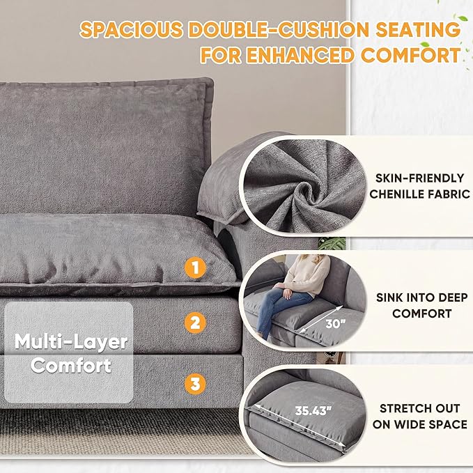 Single Chaise Lounge with 30'' Deep Seat & Movable Ottoman, Reading Chair with Wide Armrest, Chenille Cloud Couch Double Layer Cushion for Living Room, Office, Bedroom (Light Grey, Single Sofa Chair)