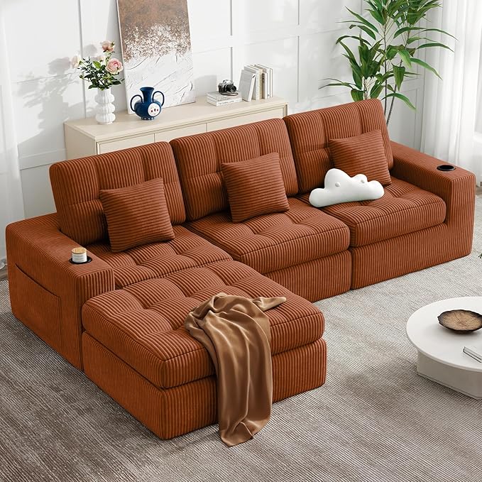 112" L Shaped Cloud Boneless Couch,Modern Modular Sectional Sofa with Layered Cushion,No Assembly Convertible Corduroy Couches for Living Room,Caramel 1 PCS