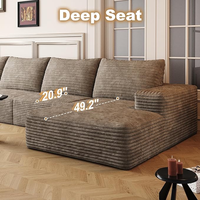 136" Sectional Couches for Living Room Cloud Couch Sofa with L-Shape Upholstered Boneless Couchs Modern Modular Sectional Couch with Chaise (Camel, 136" Right Facing Chaise+3Seaters)