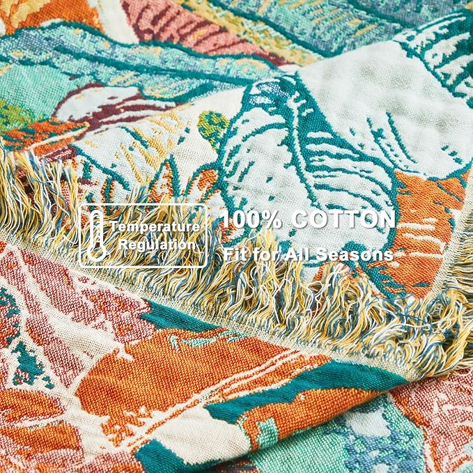 LUTBM Boho Throw Blanket for Couch Sofa Chair Cotton Spring Blankets for Bedroom Living Room All Season Soft Lightweight Reversible Botanical Floral Embroidery Decorative Throws 50"x60" Home Decor