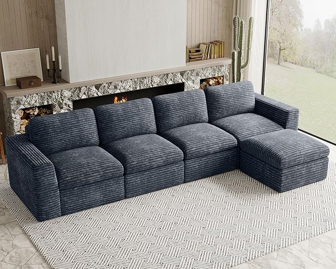 Boneless Sectional Cloud Couch with Deep Seat Plush Corduroy Modular Sectional Sofa Convertible L Shaped Couches for Living Room. Grey Sofa.