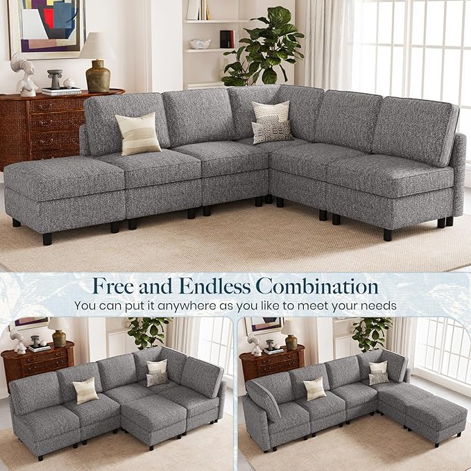 Belffin 107.1" 6 Seats L Shaped Couch Modular Sectional Sofa Seat Couch with Storage Comfy Washable Sectional Couches for Living Room Sofas with Chaise,Grey
