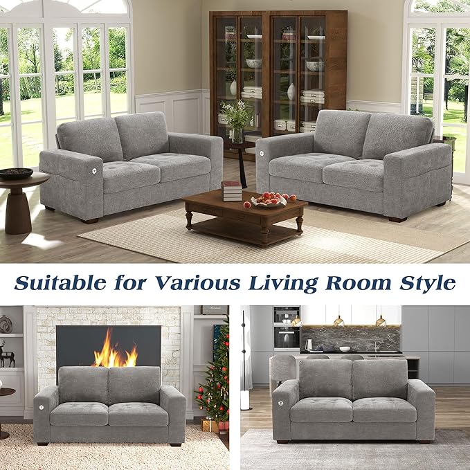 WorthFurni Sofas for Living Room, Chenille Loveseat Couch Set, Small Sofa, 3 Seater Sofa, USB Charging, Removable Sofa Cover,Solid Wood Frame, Easy to Install(70inch,Grey)