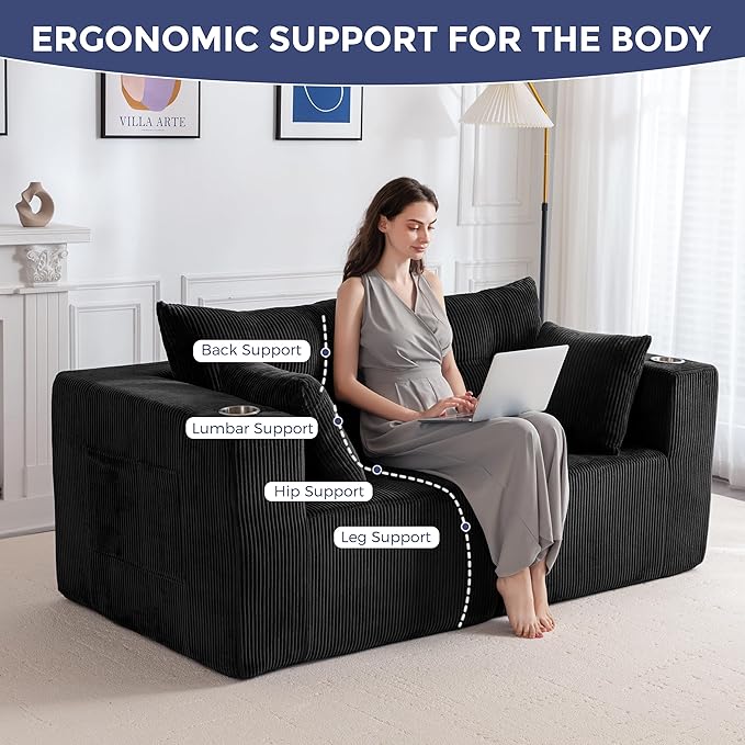 MAXYOYO Modular Sectional Sofa Couch, Loveseat Boneless Cloud Couch for Living Room, Sofa in A Box, Tufted Upholstered Cozy Chair with Cup Holders, No Assembly Required, Black