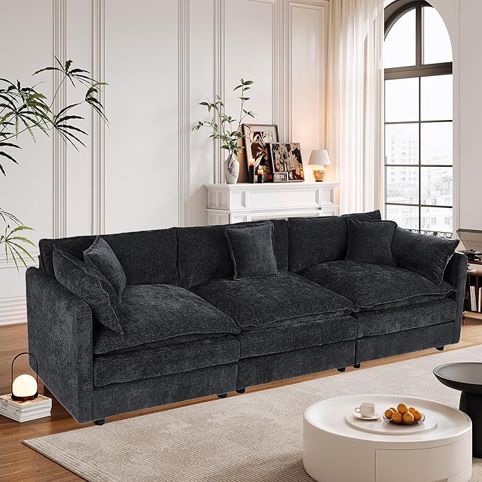 Setawix Chenille Cloud Couches for Living Room,3 Seater Cloud Sofa Couch with Deep Seat,112.2" Roomy Cloud Sofas,Modular Sectional 3 Seat Sofa with Pillows for Bedroom (Black, 3 Seater)
