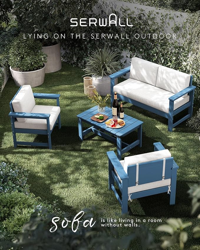 SERWALL 4 Pieces HDPE Outdoor Sofa Set with 10FT Patio Umbrella, All Weather Use Loveseat Furniture Sofa Set, Outdoor Conversation Couch with Coffee Table for Patio, Blue Frame with Khaki Cushions