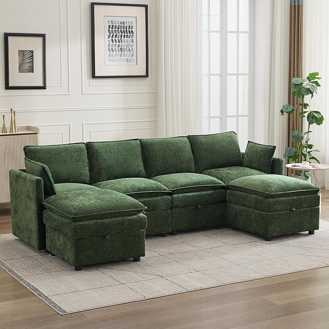 105" Cloud Modular 4 Seater Sofa with 2 Storage Ottoman, Modern Upholstered Sofa Storage Sofa Couch Deep Seat, U Shape Sectional Sofa Chenille Comfy Couch with Armrests for Living Room, Green