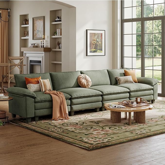 LINSY HOME Modular Sectional Sofa - 157 Inch Oversized Corduroy Cloud Couch with Movable Ottoman Soft Modern Comfy Sofa Set for Living Room Apartment Office, Green