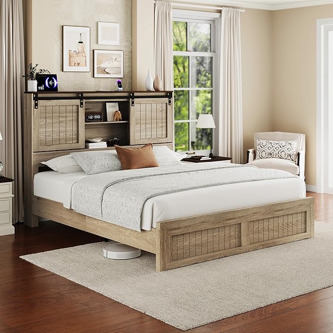 Queen Size Bed Frame with Storage, Sliding Barn Door, Farmhouse Wood Platform Bed with Reading Light and Charging Station, Wood Slats Support, Easy Assembly, Noise-Free, Light Rustic Oak