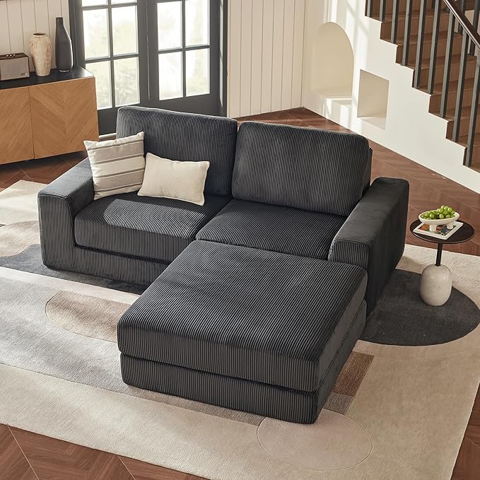 Cloud Couch Sectional, Oversized Boneless Couch Sofa with Deep Seat, Corduroy Comfy Cloud Modular Loveseat Sofa with Ottoman, Sectional Couches for Living Room No Assembly Required (Grey)