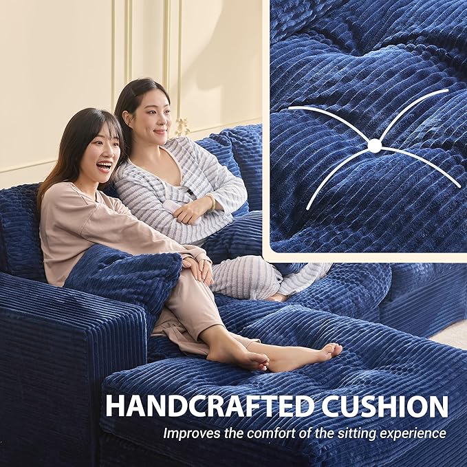 Modular Sectional Sofa, 102” L-Shaped Corduroy Couch with Ottoman, Deep Seat Comfy Sectional for Living Room, Set of Soft Upholstered Cloud Couch for Apartment, Blue