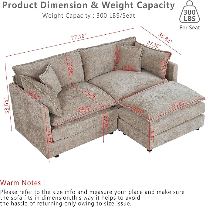 Setawix Deep Loveseat Couch with Ottoman,Large L-Shaped 2 Seater Cloud Couches for Living Room,77.16" Chenille Cloud Sofas with Deep Seat,Modular Sectional 2 Seat Sofa for Bedroom (Coffee, 2+1)