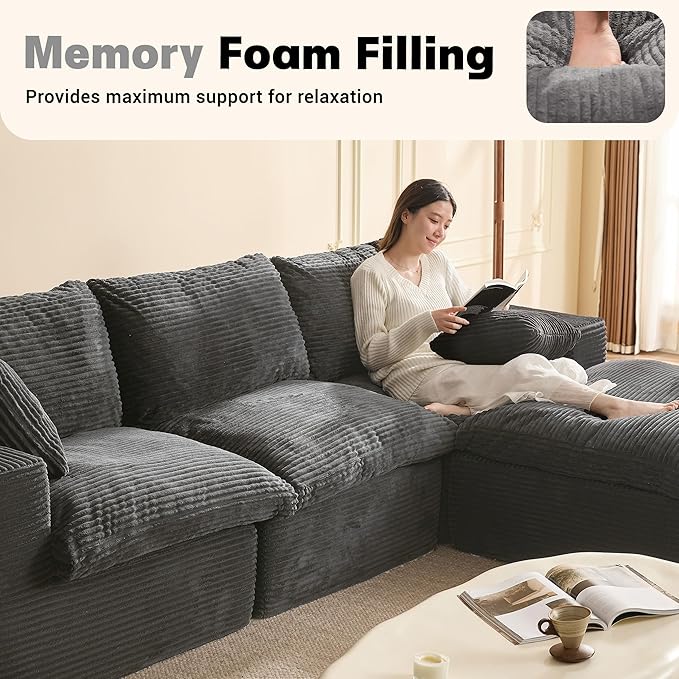 106.3” Sectional Couches for Living Room, Set of Cloud Couch, Modular Sectional Sofa, Convertible Sofas Bed, Deep Seat Sofa, L Shaped Cozy Sofa Furniture Set, Corduroy, Gray