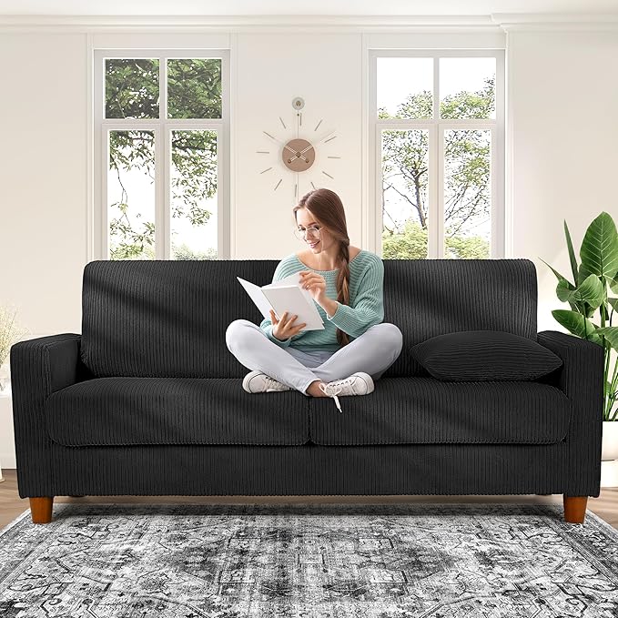 Kidirect 70in U Shaped Couch, Modular Sofa No Tool Assembly, Comfy Sectional Couches for Living Room 21in Deeper Seats, Corduroy Sofas for Living Room with 2 Pillows, Loveseat Sofa Set, Black Couch | Comfy Corduroy, Oversized 70in Couch, 700LB Tough, T...