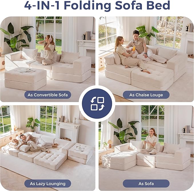 MAXYOYO Modular Sectional Sofa Couch, Foldable L-Shaped Folding Sofa Bed with Ottoman, Convertible Sectional Couch Corded Tufted Floor Sofa Lounger with Pillows for Living Room, No Assembly, Beige