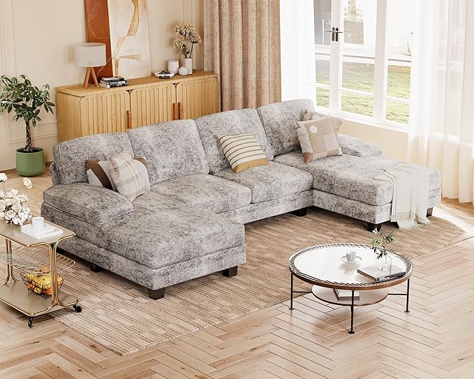 JUMMICO Sectional Couches for Living Room, U Shaped Couch with Chenille Fabric, 4 Seat Modern Sofa with Removable Pillows for Apartment and Small Space (Fabric, Grey)