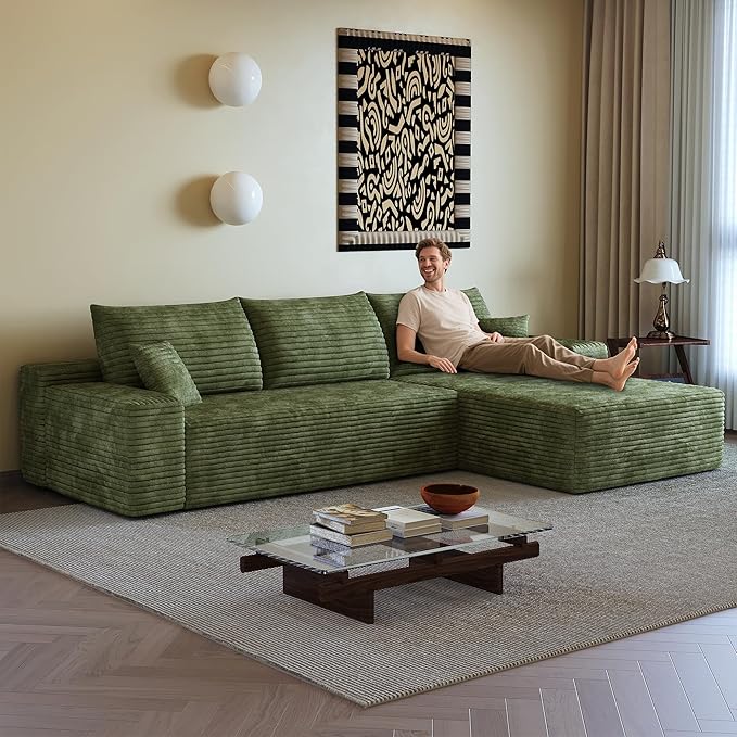 108" Sectional Couches for Living Room Cloud Couch Sofa with L-Shape Upholstered Boneless Couchs Modern Modular Sectional Couch with Chaise (Green, 108" Right Facing Chaise+2Seaters)