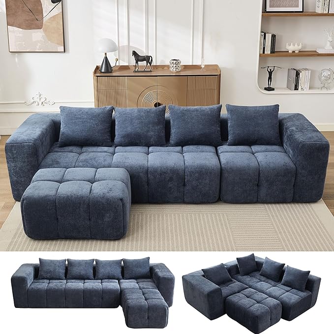 119" Boneless Couch, Cloud Sectional Couch with Deep Seat, High-Density Memory Foam and Chaise, Sectional L Shaped Sofa, Boneless Couches for Living Room, No Assembly Required Tufted Sofa, Blue
