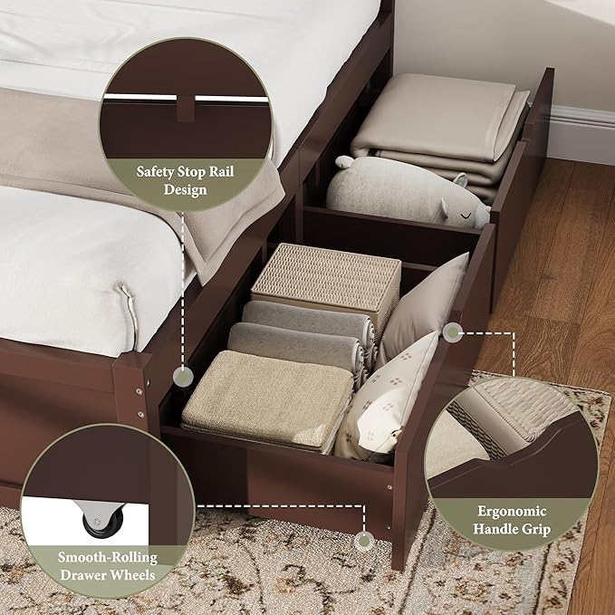 AMERLIFE Solid Wood Full Size Storage Bed Frame with Headboard, Platform Bedframe with 2 Storage Drawers, Beadboard Design & Wooden Slats/No Box Spring Needed/Noise-Free, Espresso Brown Finish