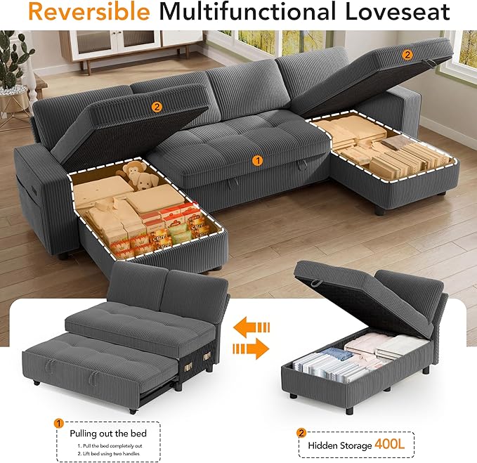 Vipbear Sectional Sleeper Couch with Pull Out Sofa Bed, U Shaped Plush Corduroy Couch with Reclining Backrest & 2 Storages & USB Charging, Convertible Cloud Sectional Sofa Bed for Living Room, Grey | Breathable material, Tool-Free Assembly, Reclining B...