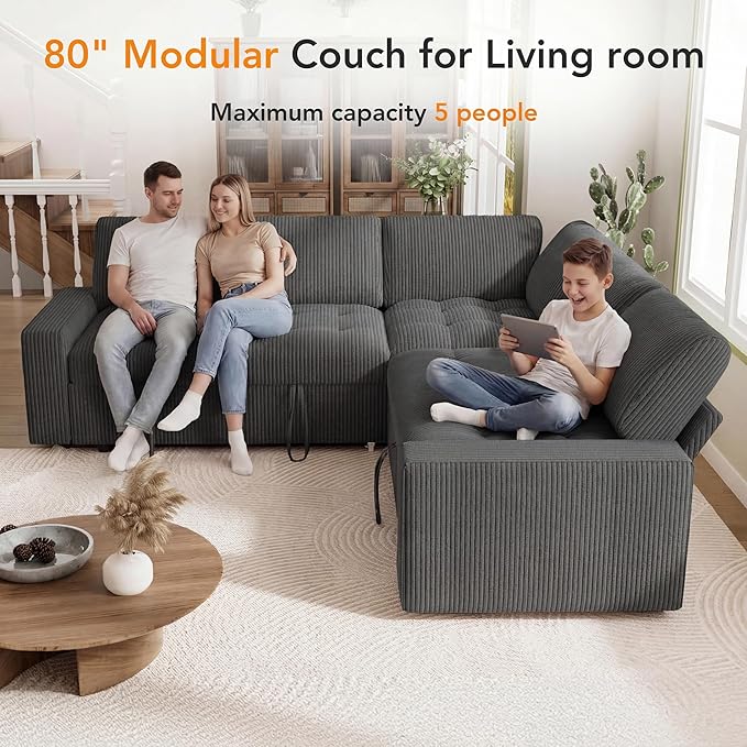 Vipbear Pull Out Sofa Bed Sectional Sleeper Sofa with Reclining Backrest & Storage, Plush Pullout Modular Sectional Couches with USB Charging, L Shaped Convertible Couch Bed for Apartment, Grey | Breathable material, Tool-Free Assembly