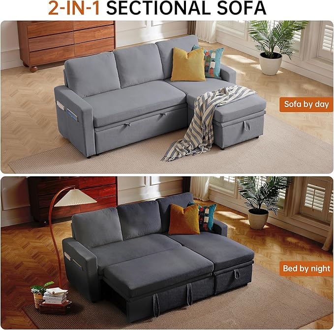 79" Sectional Sofa Couch, L Shaped Sleeper Sofa Bed with Reversible Storage Chaise, Side Pockets, Durable Cushions, Convertible Pull Out Bed Couch for Living Room, Light Grey